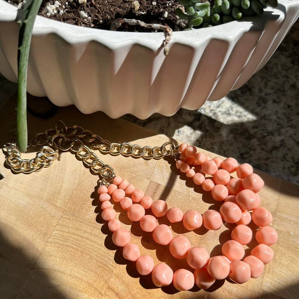 Necklace Pink Coral Gold Bead Multi Chain Vintage Chunky
